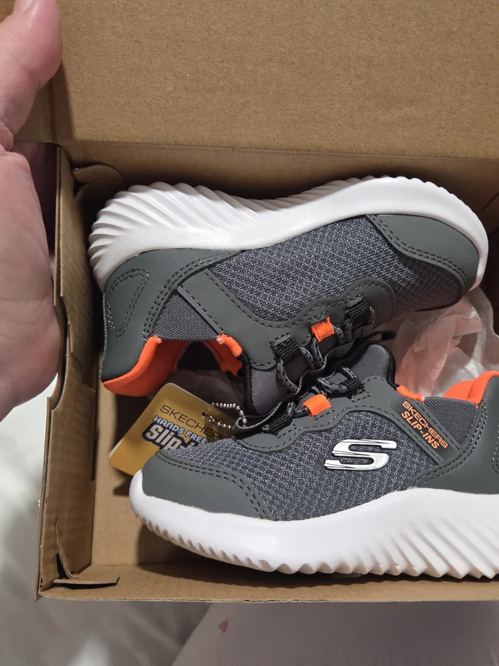 New Skechers Kids Gray & Orange Slip-Ins Athletic Sneakers 6c